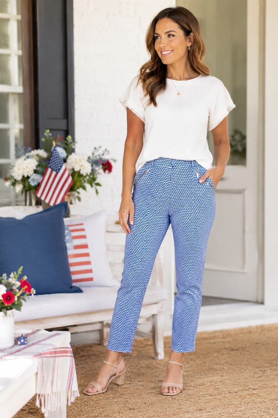 Orsay Blue White Houndstooth Crop Ankle Pants EU 42 US 10-12 Chic Office